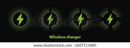 Wireless charger logo set with different waves. Fast wireless charging technology. Wireless charger sign with lightning and waves. Inductive dock station for charging different devices.