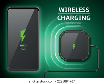 Wireless charger. Realistic black smartphone with battery charger device, digital connection, cellphone accessories, gadgets isolated. Charging progress. Banner template utter vector concept