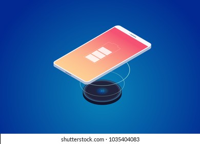 Wireless charger for smartphone. Modern technologies. Image charging on screen of mobile phone. 3d isometric design. Vector illustration.