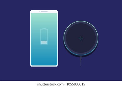 Wireless charger for smartphone. Modern technologies. Low-charge image on mobile phone screen. Vector illustration.
