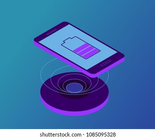Wireless charger for smartphone or tablet. Modern technologies. 3D Isometric concept of smartphone, mobile phone, tablet. Digital gadget, isolated on gradient background. Isometric flat design, vector