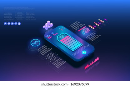 Wireless charging with battery display on the phone screen. Wireless charging of the battery on a smartphone. Digital technologies of the future. Vector