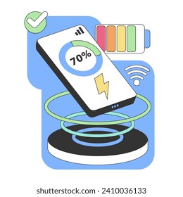 Concepto de carga inalámbrica. Smartphone mostrando el estado de la batería, sobrevolando una almohadilla de carga, con símbolos de energía y coloridos indicadores de batería. Ilustración vectorial plana.