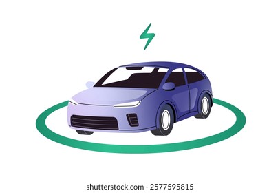 Wireless charging for electro cars concept. Electric automobile refuels with sustainable energy. Transport recharges with eco fuel, electricity at charger. Flat isolated vector illustration on white