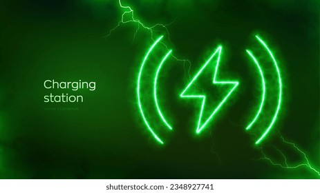 Wireless charging icon with electrical energy glow effect. Fast charge symbol. Wireless charger concept. Inductive dock station for charging devices. Electric discharge effects. Vector illustration.