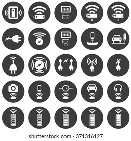 Wireless charging icon set with 25 different circular icons in white on dark grey