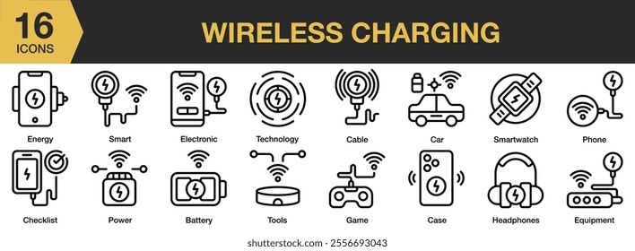 Wireless Charging icon set. Includes technology, cable, car, smartwatch, phone, game, case, headphones, and More. Outline icons vector collection.