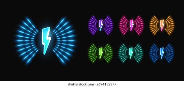 Wireless charging icons set with lightning and wave lines, different bright neon colors with glow effect, on black isolated background. Energy and power level. Interface design. Vector illustration.