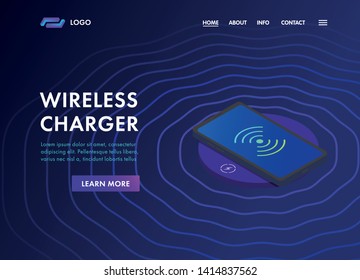 Wireless charging isometric web design template for landing page or banner. Inductive mobile smart phone charger. Website header layout for cordless power station device. Phone battery gadget concept.