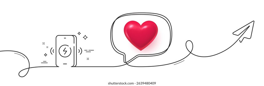 Wireless charging line icon. Continuous line with share plane. Charge phone sign. Mobile accessories symbol. 3d heart in speech bubble. Wireless charging single line ribbon. Loop curve pattern. Vector