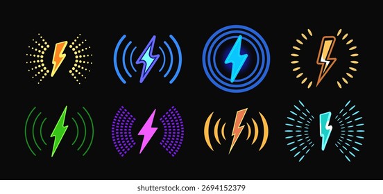 Sem fio carregando néon brilhando em cores escuras diferentes e formas de ícones vetoriais definido. Carregando energia da bateria. Sinal de raio com ondas redondas. Indicador de aplicação da carga elétrica