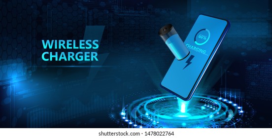 Wireless charging of the smartphone battery and 3d hologram batteries the battery icon shows the charging process. Futuristic technology concept. Vector illustration