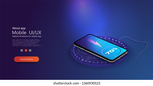 Wireless charging of the smartphone battery. Future concept. The progress of charging the battery of the phone.Wireless charging technology concept on blue background.