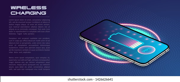 Wireless charging of the smartphone battery. Future concept. The progress of charging the battery of the phone.Wireless charging technology concept on blue background. Vector Illustration