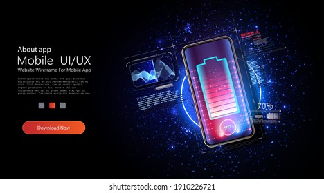 Wireless charging of the smartphone battery. Future concept. Universal charging base for gadgets and devices on blue background. Powerful charge causing a lot of sparks. Progress of charging battery