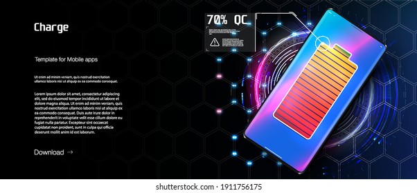 Wireless charging of the smartphone battery. Future concept. Universal charging base for gadgets and devices on blue background. Powerful charge causing a lot of sparks. Progress of charging battery