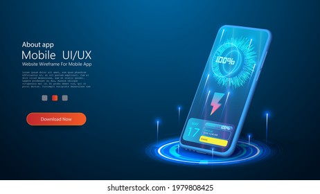 Wireless charging of the smartphone battery. Future concept. The progress of charging the battery of the phone. Wireless charging technology concept on blue background. Modern battery refuels. 3D