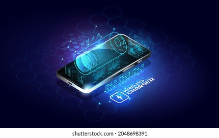 Wireless charging of the smartphone battery. Future concept. The progress of charging. Isometric Vector Illustration.