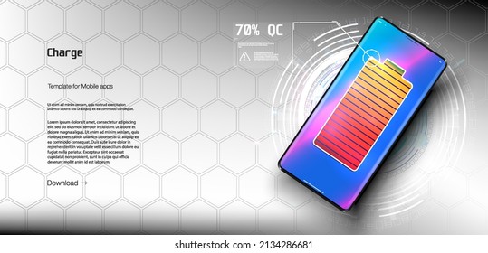 Carga inalámbrica de la batería del smartphone. Concepto futuro. Base de carga universal para dispositivos y dispositivos en fondo azul. Carga poderosa que causa muchas chispas. Progreso de la batería de carga