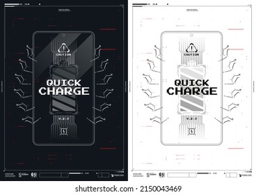 Carga inalámbrica de la batería del smartphone. Tecnología futura para una carga rápida y conveniente. Afiche humorístico con elementos de estilo cibernético.