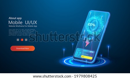 Wireless charging of the smartphone battery. Future concept. The progress of charging the battery of the phone. Wireless charging technology concept on blue background. Modern battery refuels. 3D