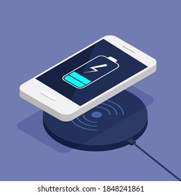 Wireless charging of the smartphone battery. Isometric device. Vector illustration. The progress of charging the battery of the phone.