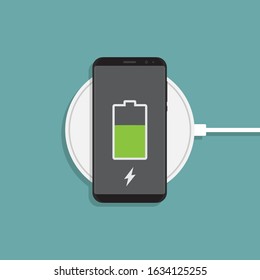 Wireless charging and smartphone with battery notification, flat design vector illustration