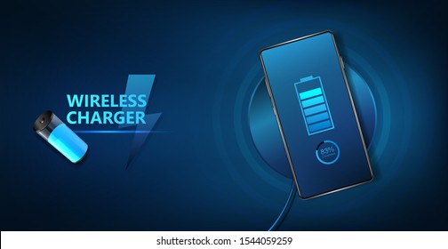 Wireless charging of the smartphone battery. Universal charging base for gadgets and devices on blue background. Future technology for convenient and quick charging. Vector illustration