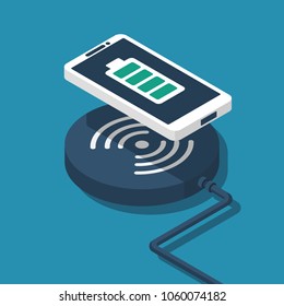 Wireless charging for smartphone. Innovative modern technological accessories. Vector illustration isometric flat design. Isolated on white background. 3d style. Charging mobile.