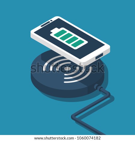Wireless charging for smartphone. Innovative modern technological accessories. Vector illustration isometric flat design. Isolated on white background. 3d style. Charging mobile.