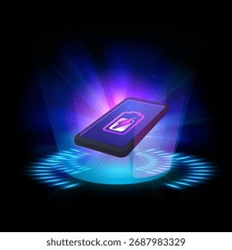 Drahtloses aufladendes Smartphone, auf dem Bildschirm mit Batterie und Blitz, Ladekreise, neonblaue Farbe, Leuchteffekt. Neue Technologien. Macht und Energie. Vektorgrafik. Schwarzer Hintergrund.