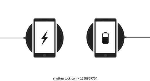 Wireless charging for smartphone . Phons on wireless charging , vecto icon on white bsckground. 10 eps