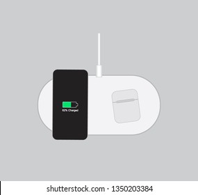 Wireless Charging Station flat design vector.Smart Phone, Smart Watch, Wireless Earphone Case, Station with Charging Cable.Realistic modern charger dock illustration