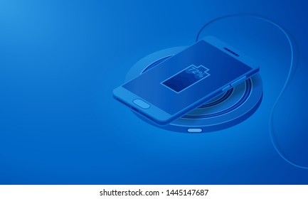 Wireless charging technology. Isometric view of smartphone and device. Blue background. Free space for information or text.