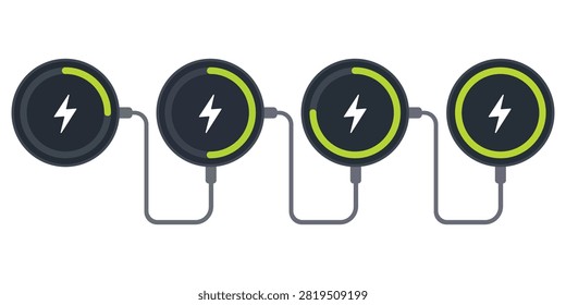 Wireless charging vector illustration featuring battery power icons and connected charging pads ideal for technology branding mobile devices electronics presentations applications and commercial digital marketing materials