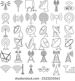 Antena de comunicação sem fio. Receptor de sinal sem fio da torre de rádio. Traçado editável de linha fina. 