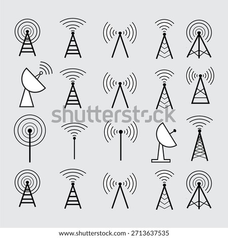 Wireless Communication Antenna and Signal Tower Icons Set