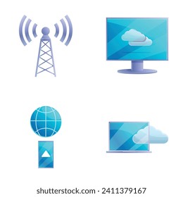 Wireless communication icons set cartoon vector. Various communication device. Transfer and storage data