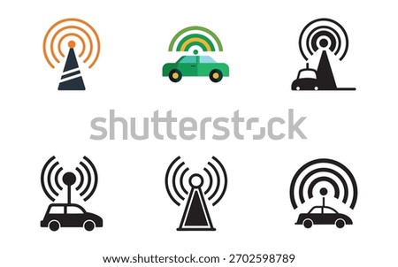 Wireless Communication Icons Set Representing Modern Vehicle Technology and Connectivity with Signal Towers for Autonomous Driving and Smart Transportation Systems