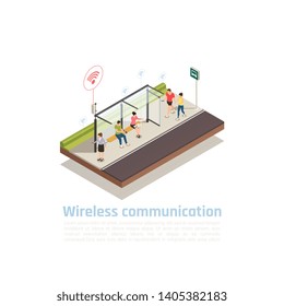 Wireless communication isometric composition with people using gadgets for internet connection at public transport stop equipped with wifi vector illustration