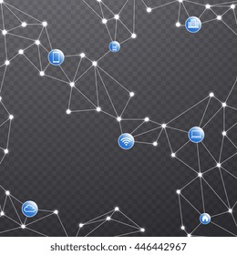 Wireless communication network with the connected devices. Internet connections on transparent background.