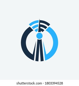 wireless communication network tower business logo design template. round isolated icon logotype with wifi and abstract transmission elements.