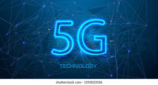 Wireless communication network,abstract image visual, internet of things. 5G concept of internet connection technology. 5G Design template neon sign, light banner, neon signboard. Vector illustration
