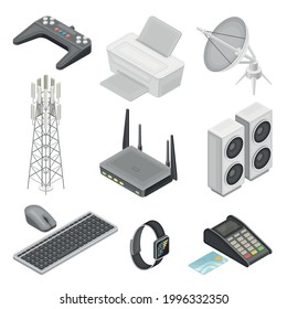 Wireless Communication Technology with Gadget and Networking System Isometric Vector Set