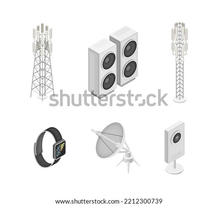 Wireless Communication Technology with Gadget and Networking System Isometric Vector Set