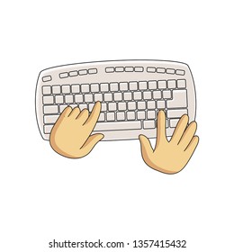 Wireless compact keyboard without numlock and user hands isolated on white background