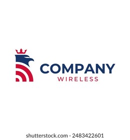 Wireless company logo has the symbol of an eagle's head with a crown on top and the wireless symbol as its wings. National wireless company logo design.
