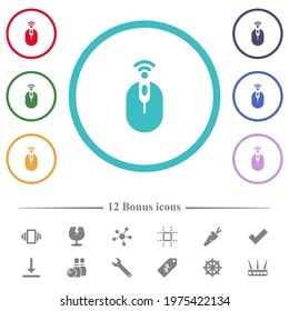 Wireless computer mouse flat color icons in circle shape outlines. 12 bonus icons included.