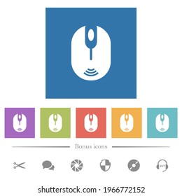 Drahtlose Computermaus mit flachen, weißen Symbolen auf quadratischem Hintergrund. 6 Bonussymbole sind im Lieferumfang enthalten.