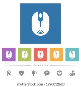 Drahtlose Computermaus mit flachen, weißen Symbolen auf quadratischem Hintergrund. 6 Bonussymbole sind im Lieferumfang enthalten.